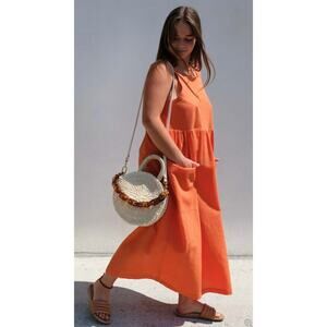 Ursa Minor Odette Orange Seersucker Sleeveless Long Dress Size XL XLarge